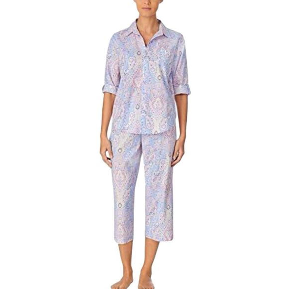 Lauren Ralph Lauren NWTs Blue Pink Capri Cotton Pajama Set Petite Large PL - Picture 1 of 10